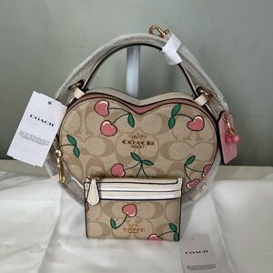 Coach Heart Shape Crossbody Bag With Cherry  Print And Matching Card Holder